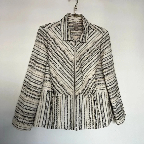 Chico’s Tweed Jacket Size 3 (16-18) Stripped Blazer Zip Closure Side Pockets - Picture 1 of 16